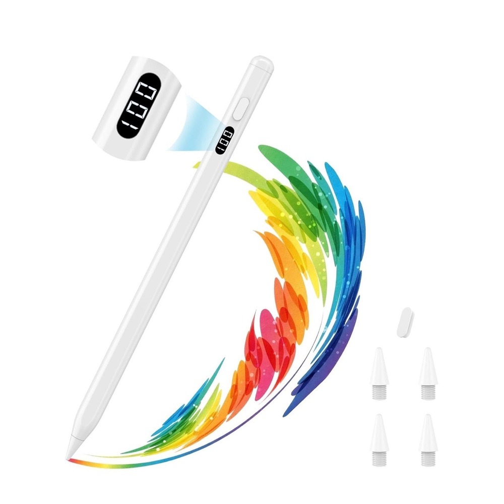 Active Stylus Pen for iPad with LED Power Display White‎ 4 Tips Charging Cable